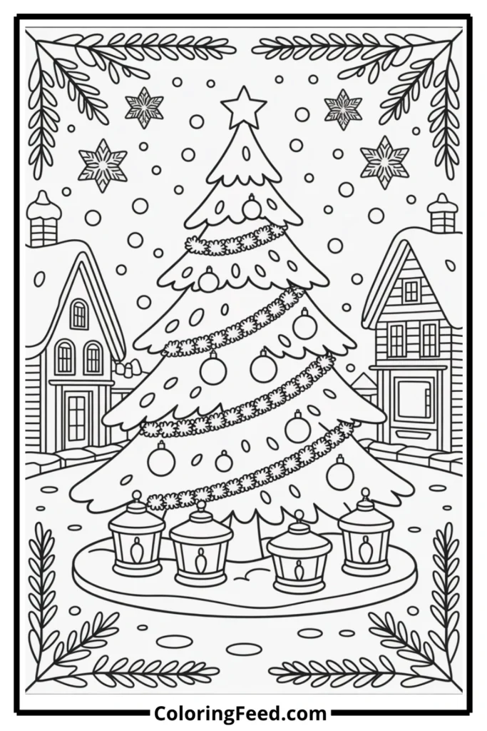 Snowy Village Christmas Tree Coloring Page