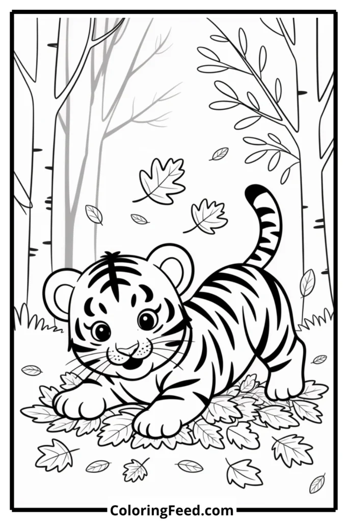Tiger Cub Playing with Leaves Coloring Page