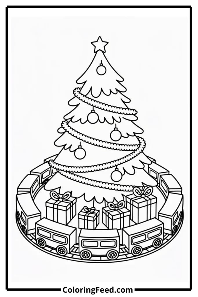 Train Around Christmas Tree Coloring Page