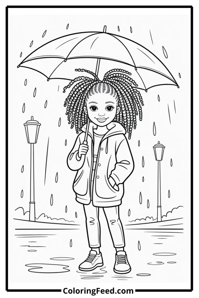 Black Teen with Umbrella in the Rain Coloring Page